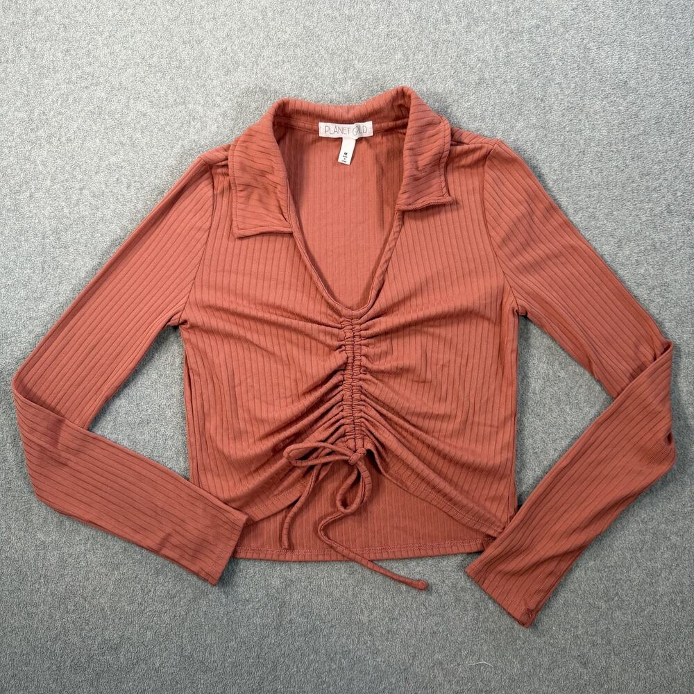 Planet Gold Women's Medium Ribbed Ruched Drawstring V-Neck Long Sleeve Crop Top
